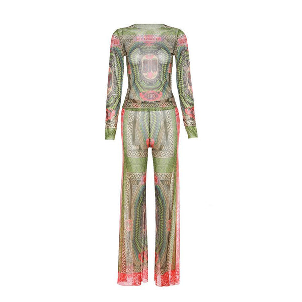 Long sleeve contrast sheer mesh see through pant set cyberpunk Sci-Fi Fashion