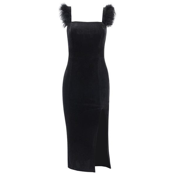 Velvet feather sleeveless slit solid zip-up midi dress