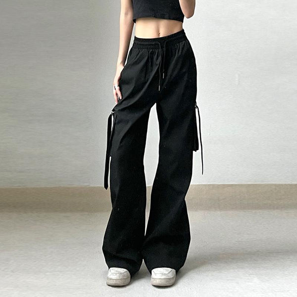 Drawstring solid cargo pocket wide leg pant grunge 90s Streetwear Disheveled Chic Fashion