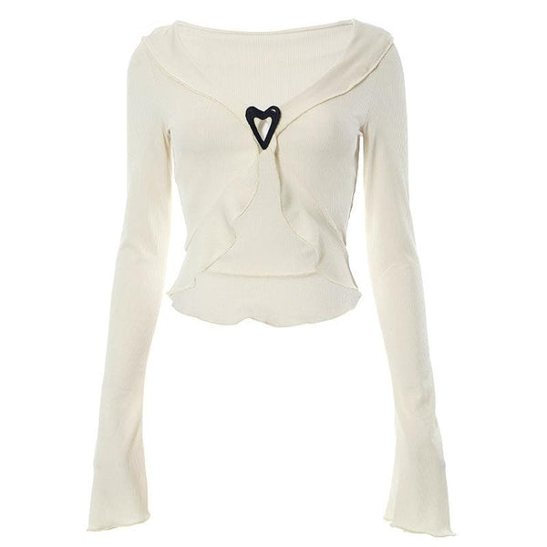 Ribbed flared sleeve heart applique ruffle v neck crop top y2k 90s Revival Techno Fashion