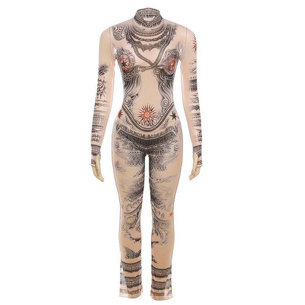 Sheer mesh abstract contrast see through long sleeve high neck jumpsuit