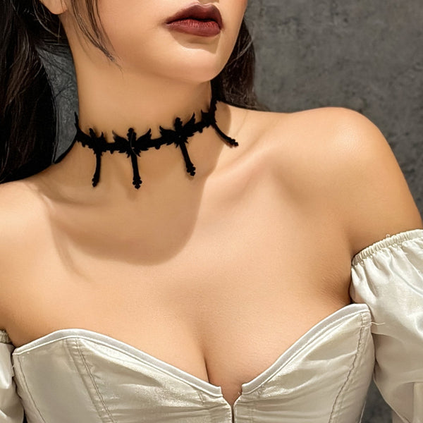 Velvet solid cross self tie choker necklace