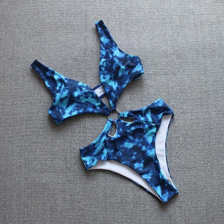 V neck hollow out tie dyed swimwear bikini - Halibuy