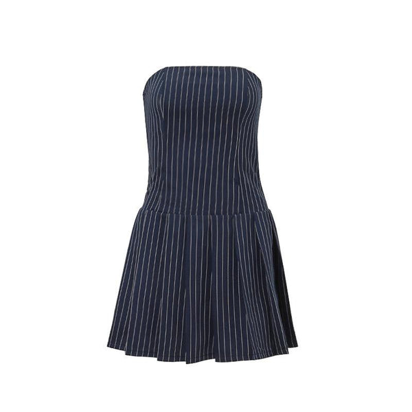 Pleated smocked striped zip-up backless tube mini dress