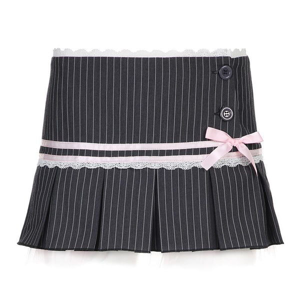Bowknot lace hem pleated button striped print mini skirt