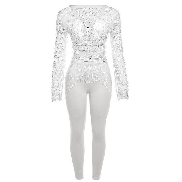 Textured long sleeve hollow out see through self tie pant set