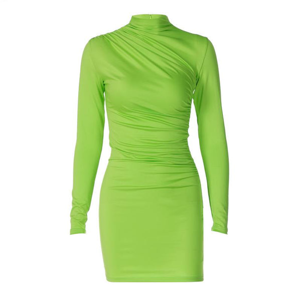 Ruched solid high neck long sleeve mini dress