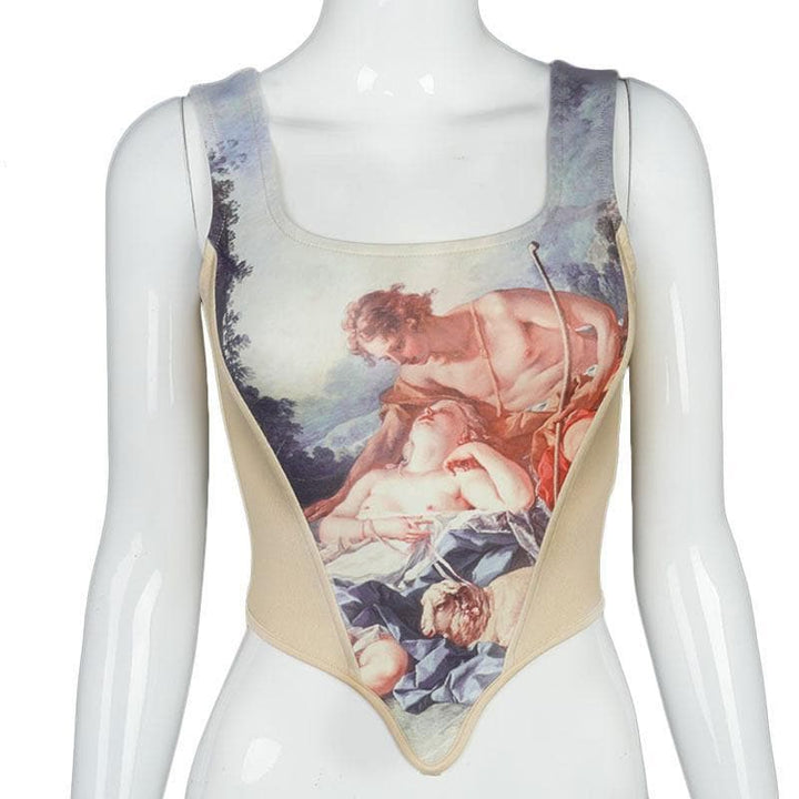 Square neck sleeveless print corset top - Halibuy