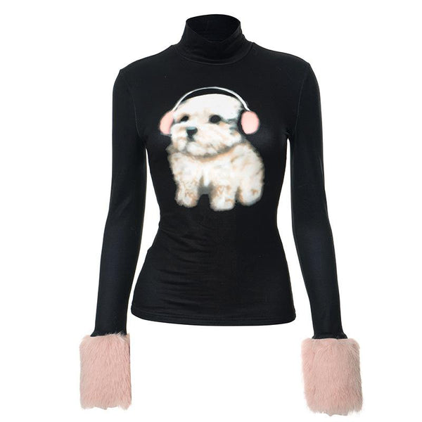 Long sleeve high neck fluffy dog pattern top