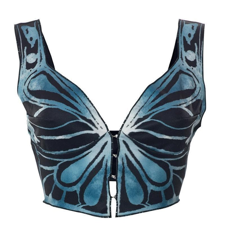 V neck butterfly print buttoned crop top - Halibuy