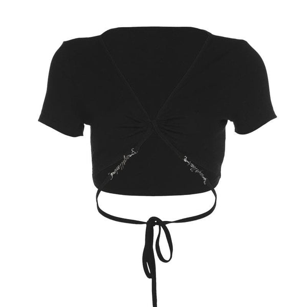 Short sleeve v neck metal letter self tie back crop top y2k 90s Revival Techno Fashion