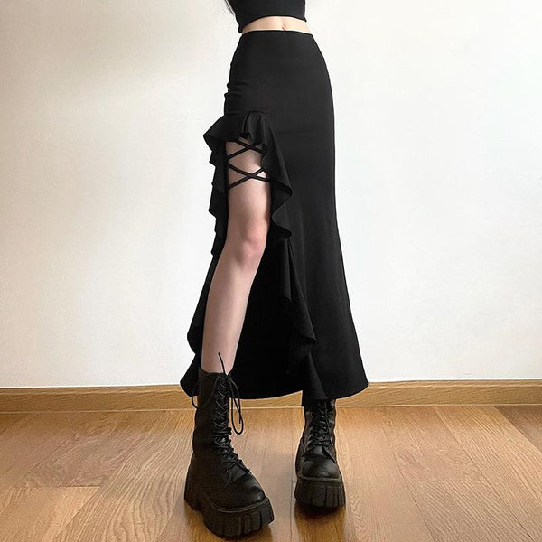 Slit ruffle medium rise solid lace up irregular midi skirt goth Alternative Darkwave Fashion goth Emo Darkwave Fashion