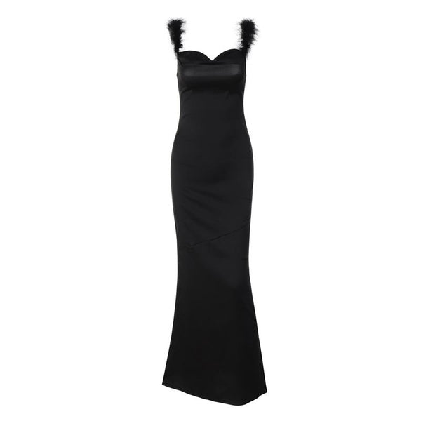 Feather cowl neck ruched solid backless maxi dress