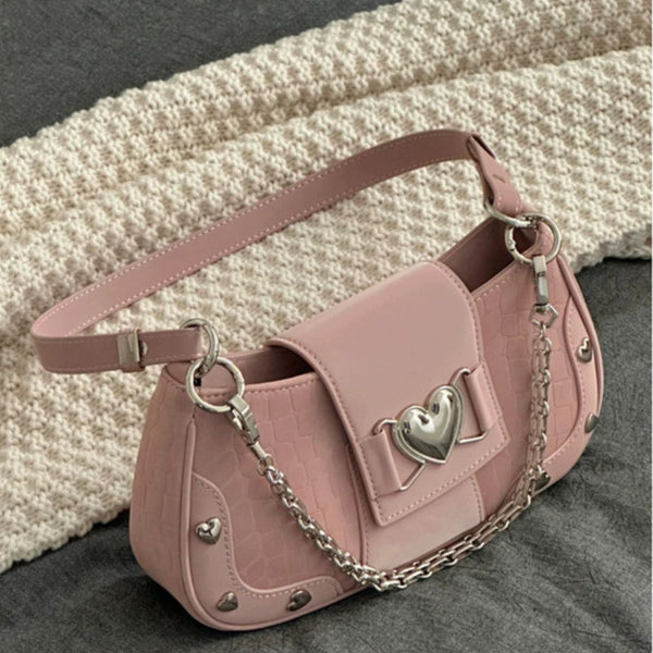 Heart applique chain contrast zip-up handbag