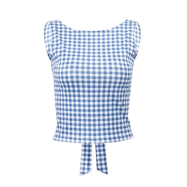 Sleeveless plaid contrast backless bowknot top y2k 90s Revival Techno Fashion