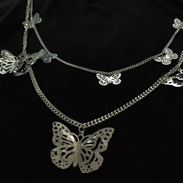 Butterfly pendant layered chain necklace