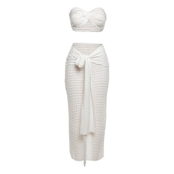 Textured solid ruffle self tie knotted tube maxi skirt set