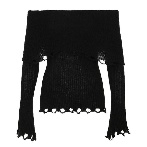 Crochet long sleeve hollow out off shoulder solid top