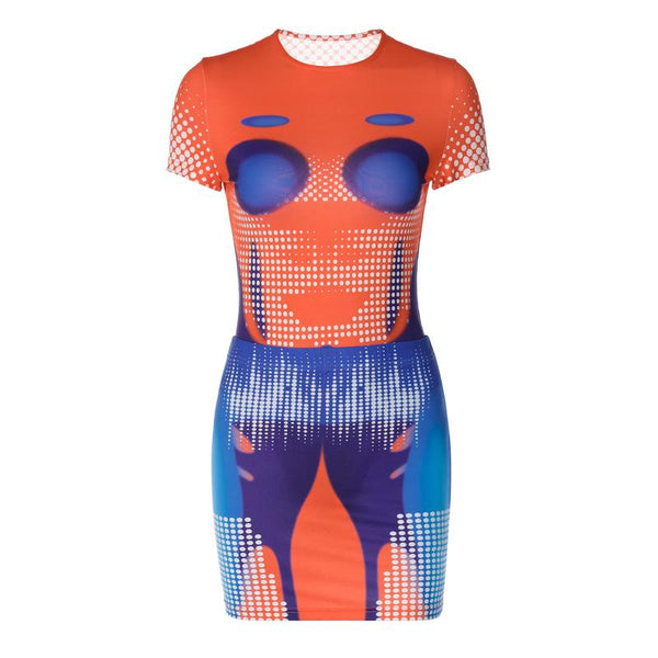Polka dot contrast short sleeve crewneck bodysuit mini skirt set cyberpunk Sci-Fi Fashion