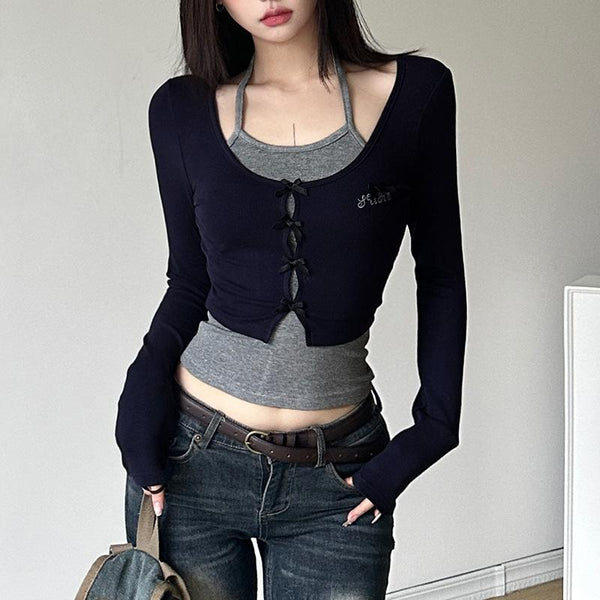 Bowknot contrast patchwork long sleeve halter top