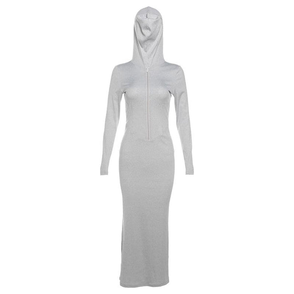 Hoodie long sleeve zip-up ribbed solid maxi dress