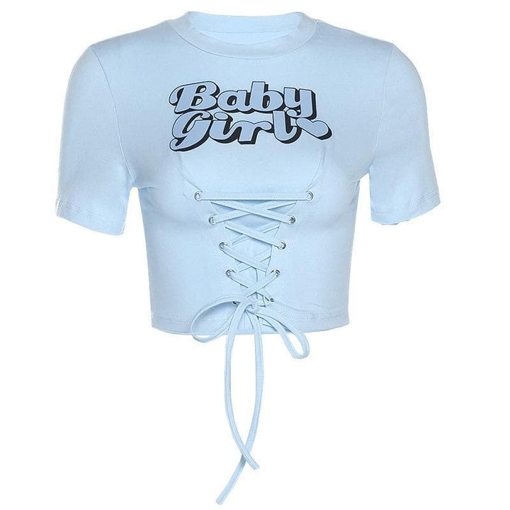 BABY GIRL lace up front short sleeve top - Halibuy