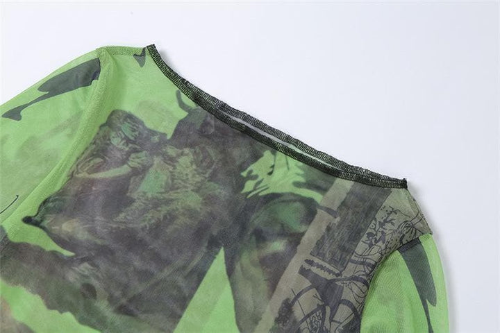Print mesh see-through ruffled flared sleeve top - Halibuy