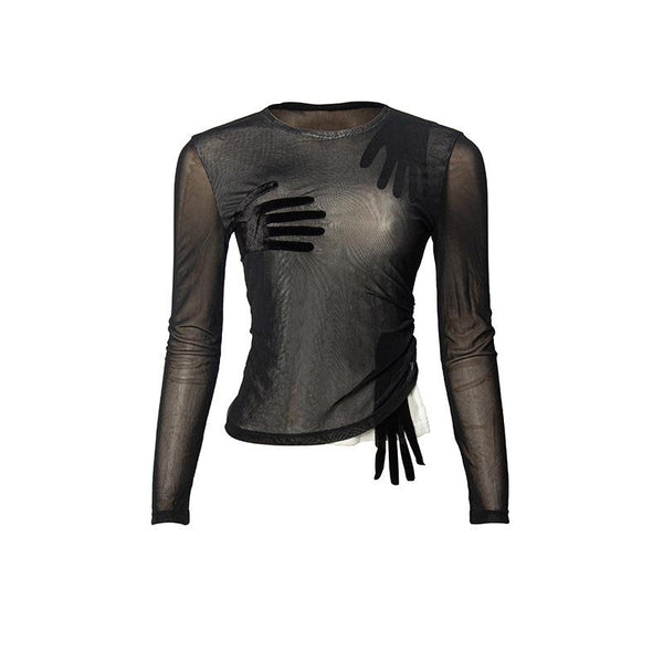 Mesh palm patchwork long sleeve crewneck top