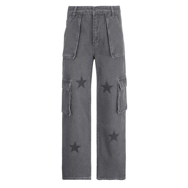 Contrast denim star pattern zip-up pocket jeans grunge 90s Streetwear Disheveled Chic Fashion