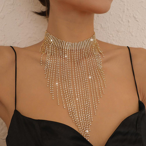 Rhinestone tassels choker necklace