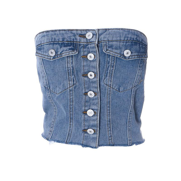 Button smocked backless denim tube crop top y2k 90s Revival Techno Fashion