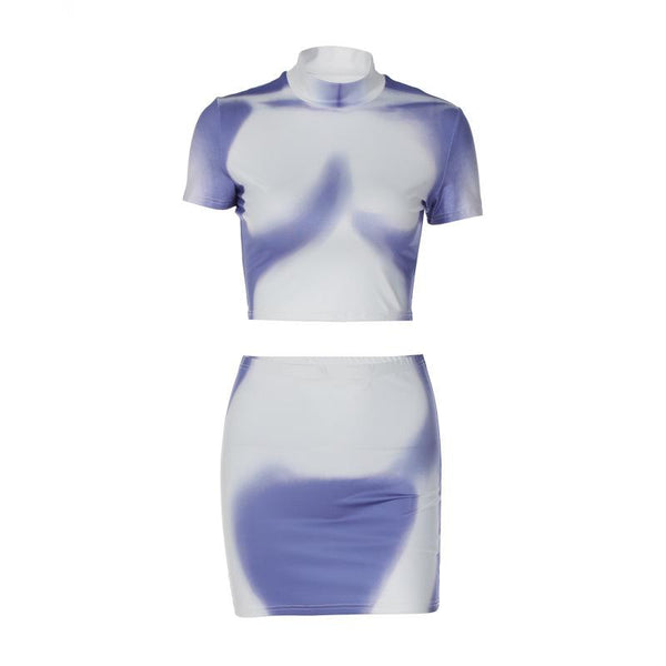 Short sleeve high neck contrast body print mini skirt set y2k 90s Revival Techno Fashion