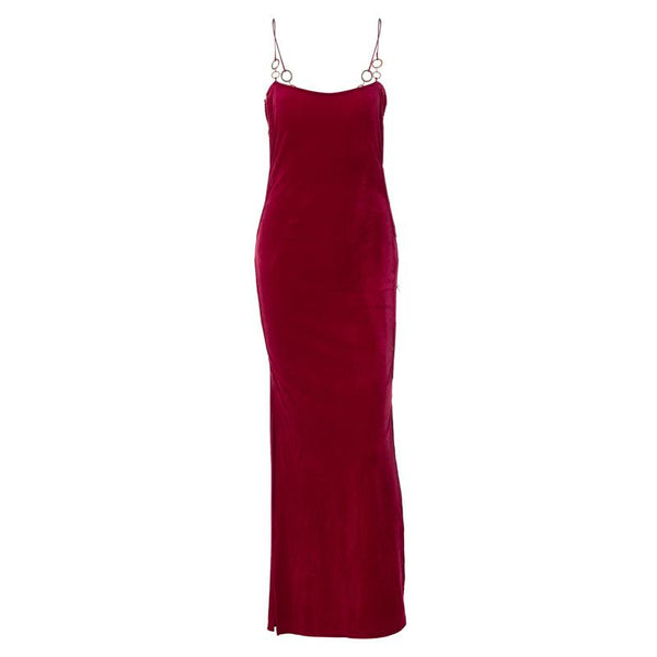 Velvet solid o ring hollow out slit backless maxi dress