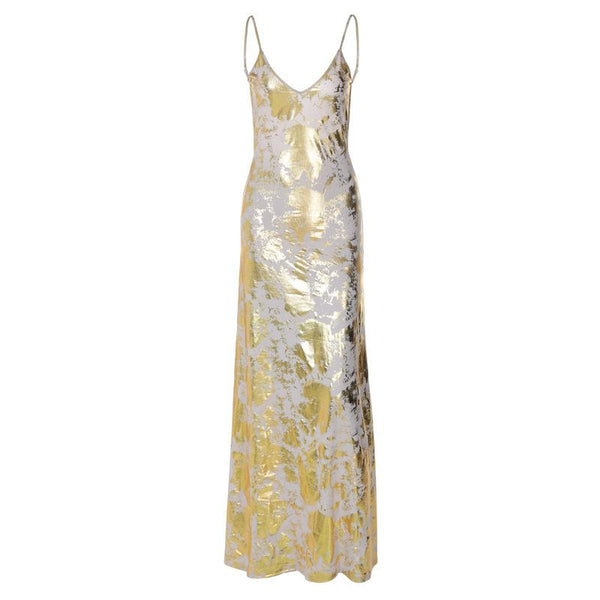 V neck backless metallic print contrast cami maxi dress
