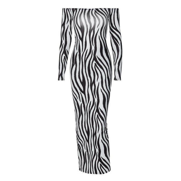 Zebra print off shoulder long sleeve contrast maxi dress