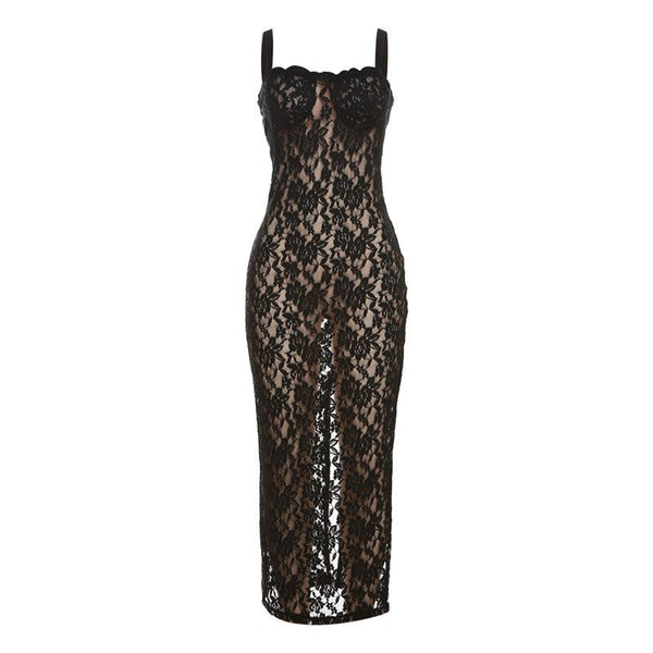 Lace solid zip-up see through sleeveless backless maxi dress