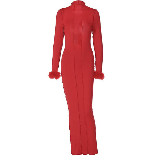 Long sleeve solid feather ruffle high neck backless midi dress