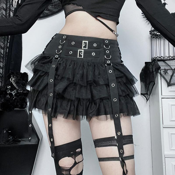Buckle mesh zip-up ruched A line mini skirt goth Alternative Darkwave Fashion goth Emo Darkwave Fashion