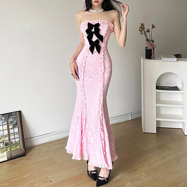 Lace contrast bowknot zip-up ruffle backless tube maxi dress