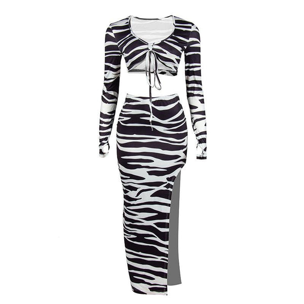 Zebra print self tie contrast long sleeve irregular slit maxi skirt set