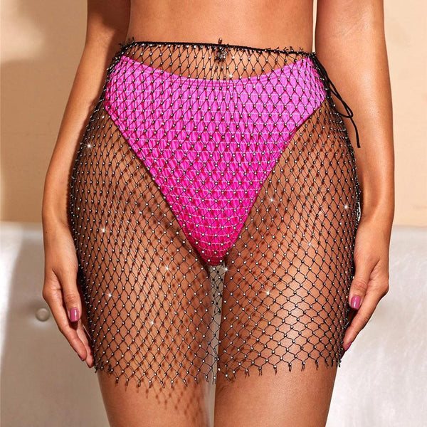Fishnet self tie beaded hollow out mini skirt