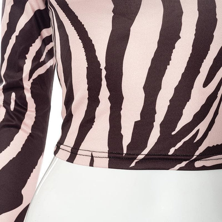 Long sleeve off shoulder zebra print crop top - Halibuy