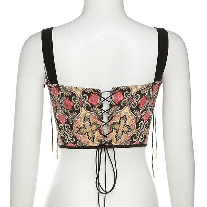 Lace up back print bustier top - Halibuy