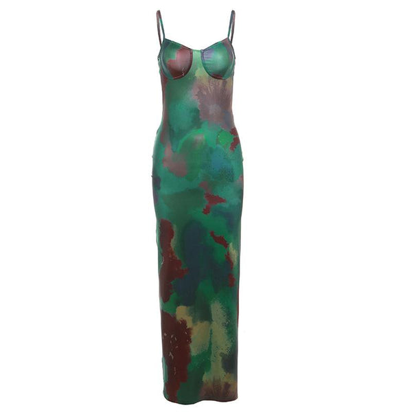 Tie dye v neck contrast hollow out backless cami maxi dress