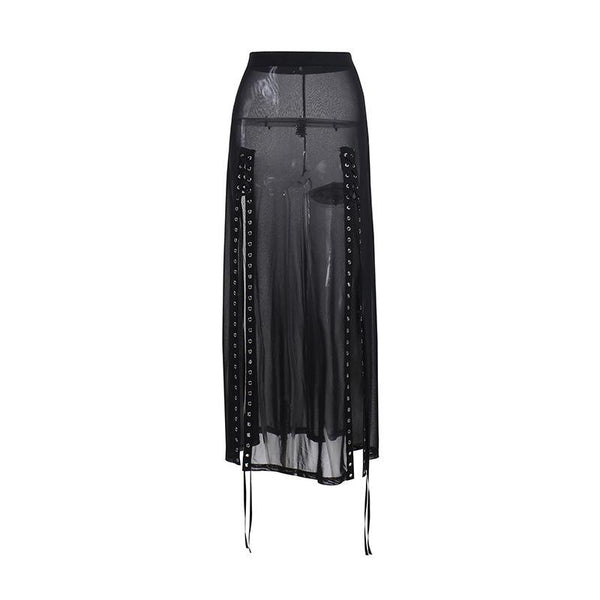 Vestido largo liso de malla transparente transparente con cordones y aberturas Moda Darkwave alternativa gótica Moda Darkwave emo 