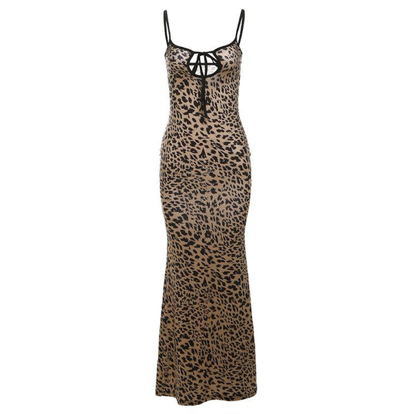 Leopard print hollow out backless cami maxi dress