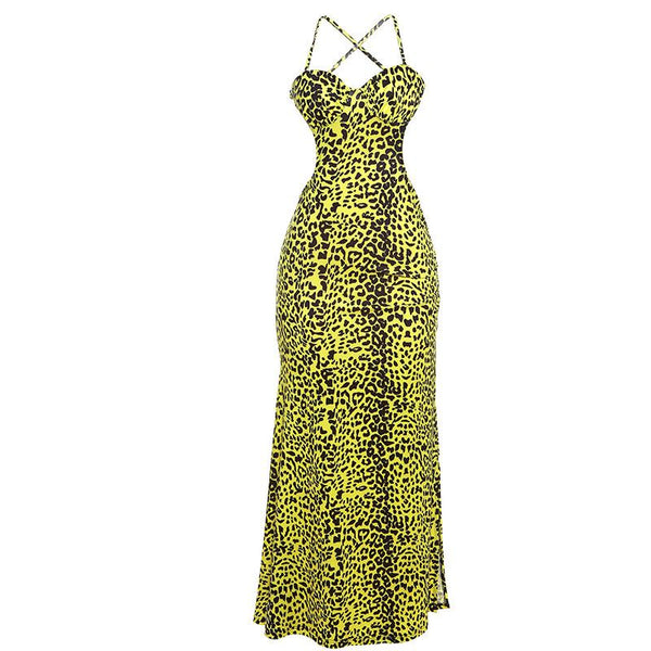 Cross back backless leopard print slit contrast maxi dress