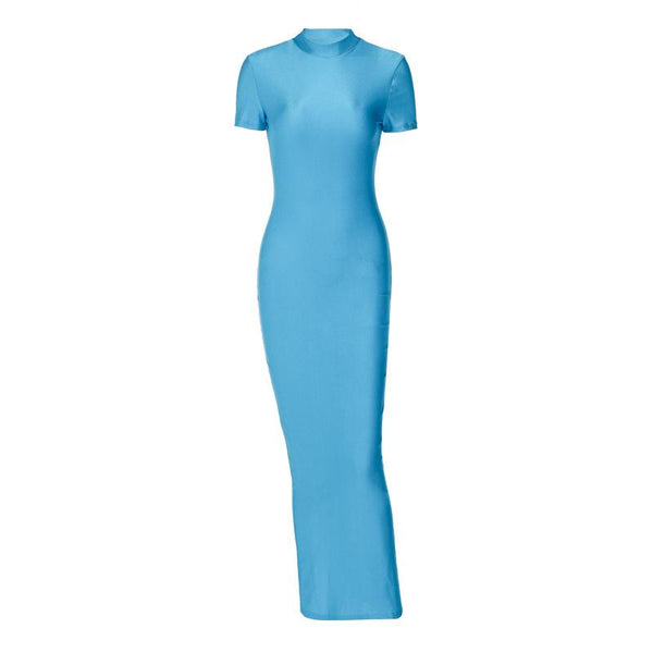 Short sleeve high neck slit solid maxi dress
