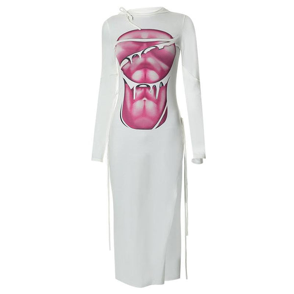 Long sleeve contrast abstract print slit midi dress y2k 90s Revival Techno Fashion