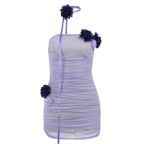 Ruched mesh flower applique backless tube mini dress fairycore Ethereal Fashion